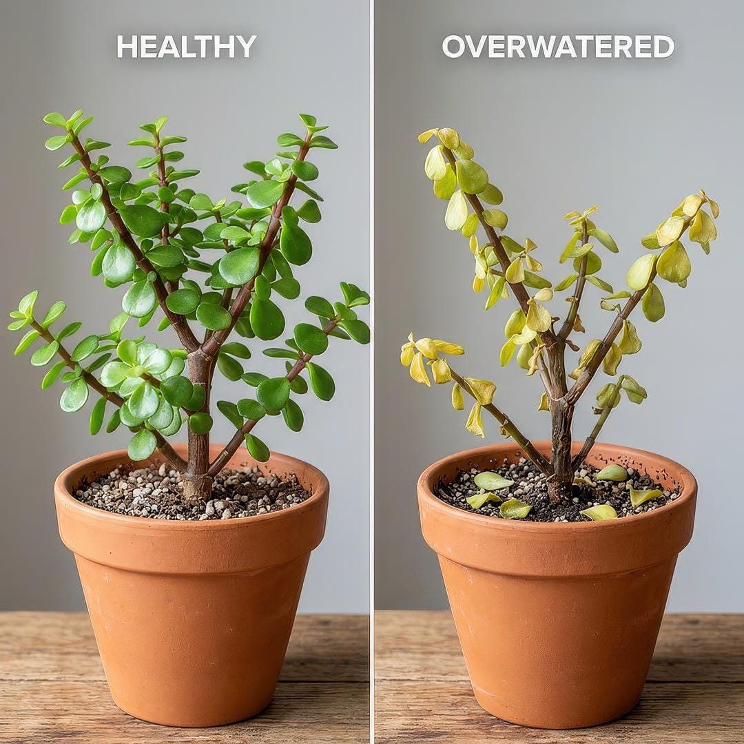 Split comparison showing a healthy Elephant Bush with plump glossy green round leaves on sturdy reddish stems on the left and a stressed plant with shriveled yellowing dropping leaves and soft stems on the right