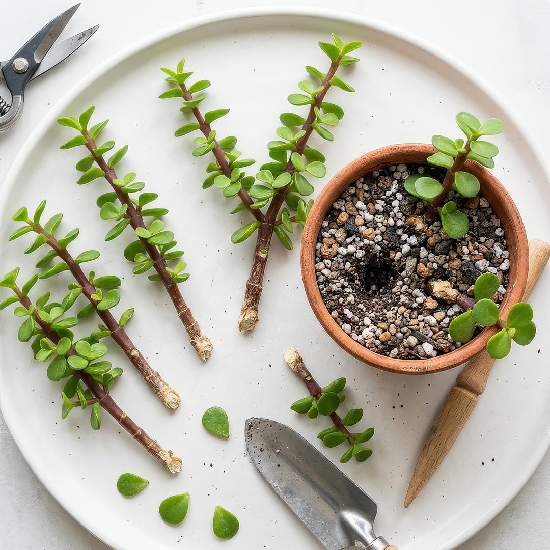 Several Elephant Bush stem cuttings with small round green leaves on reddish woody stems laid on a clean surface beside a small pot of gritty succulent soil with some cuttings showing dried callused ends ready for planting