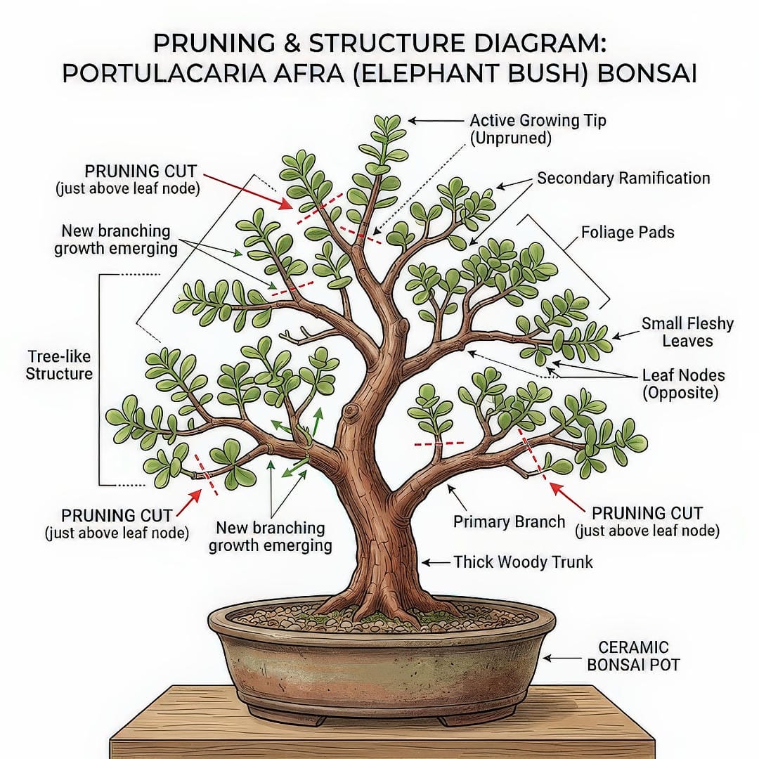 A clear pruning and structure diagram for Elephant Bush bonsai care showing where to make pruning cuts on the stems just above leaf nodes and new branching growth emerging after pruning