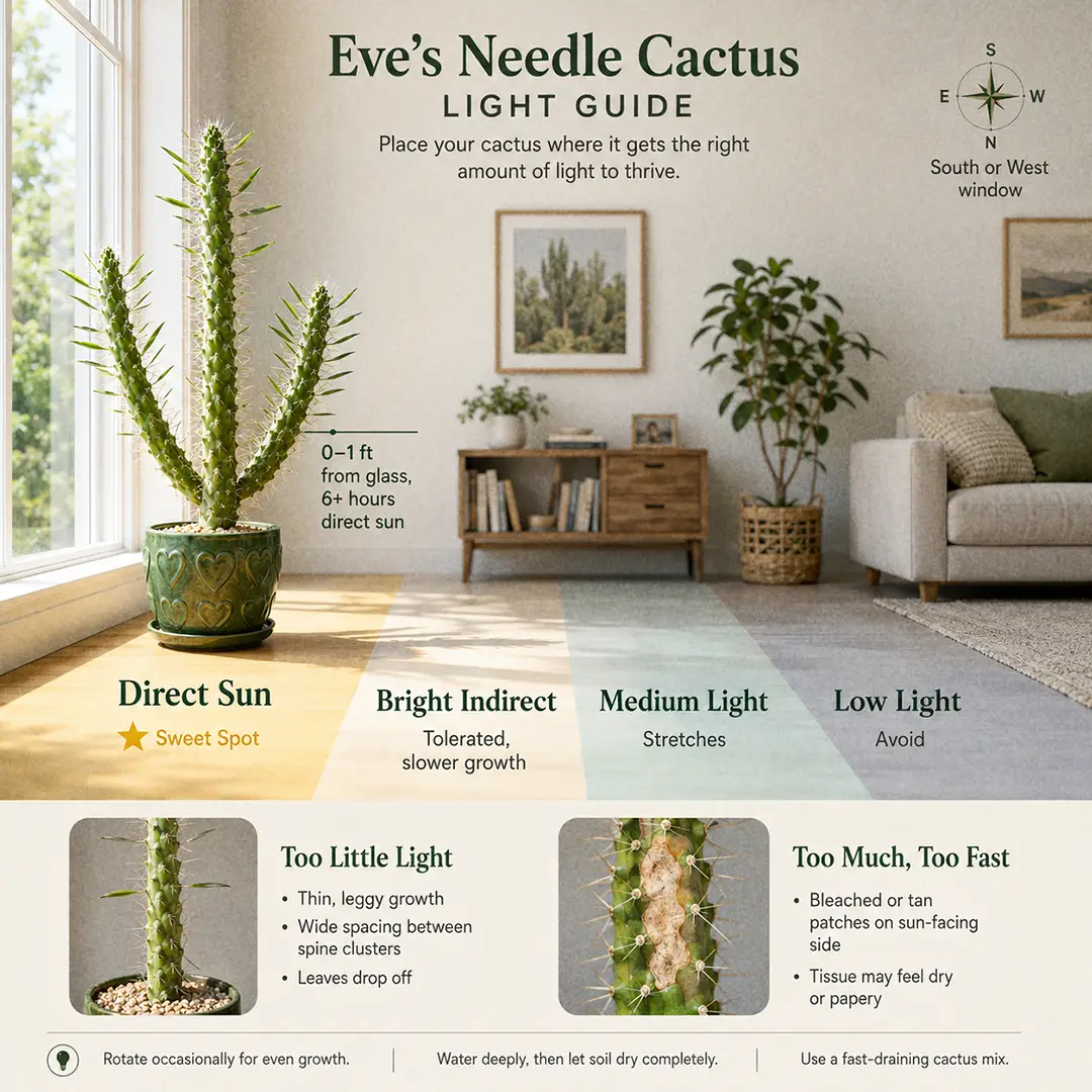 A light placement diagram for the Eve's Needle Cactus showing a cross-section of a sunny room with labeled light zones, the cactus in a green ceramic pot with a heart motif placed right against the south-facing window in the direct sun zone, and small thumbnails comparing stretched pale growth from too little light with a bleached scorch patch from too much sun too fast