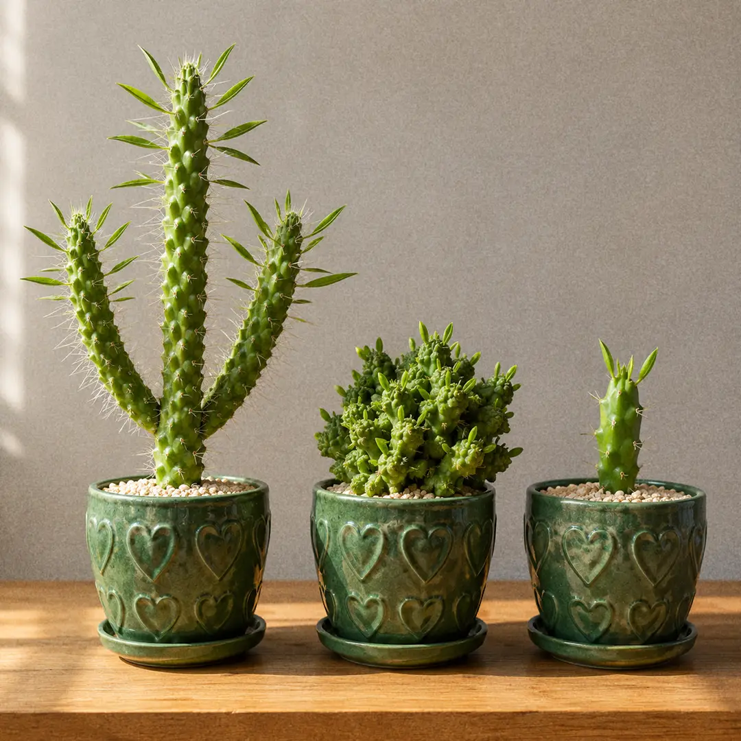 Three Eve's Needle Cactus plants side by side on a wooden shelf in matching green ceramic pots with heart motifs, showing a tall spiny standard form, a squat lumpy monstrose form, and a young rooted cutting