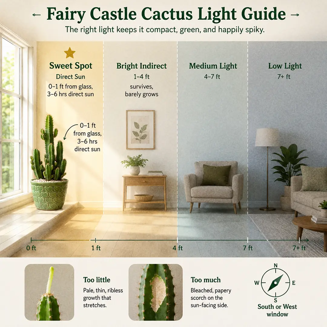 A labeled light guide diagram showing where to place a Fairy Castle Cactus indoors relative to a south-facing window, with direct sun, bright indirect, medium and low light zones marked and the sweet spot starred right at the glass