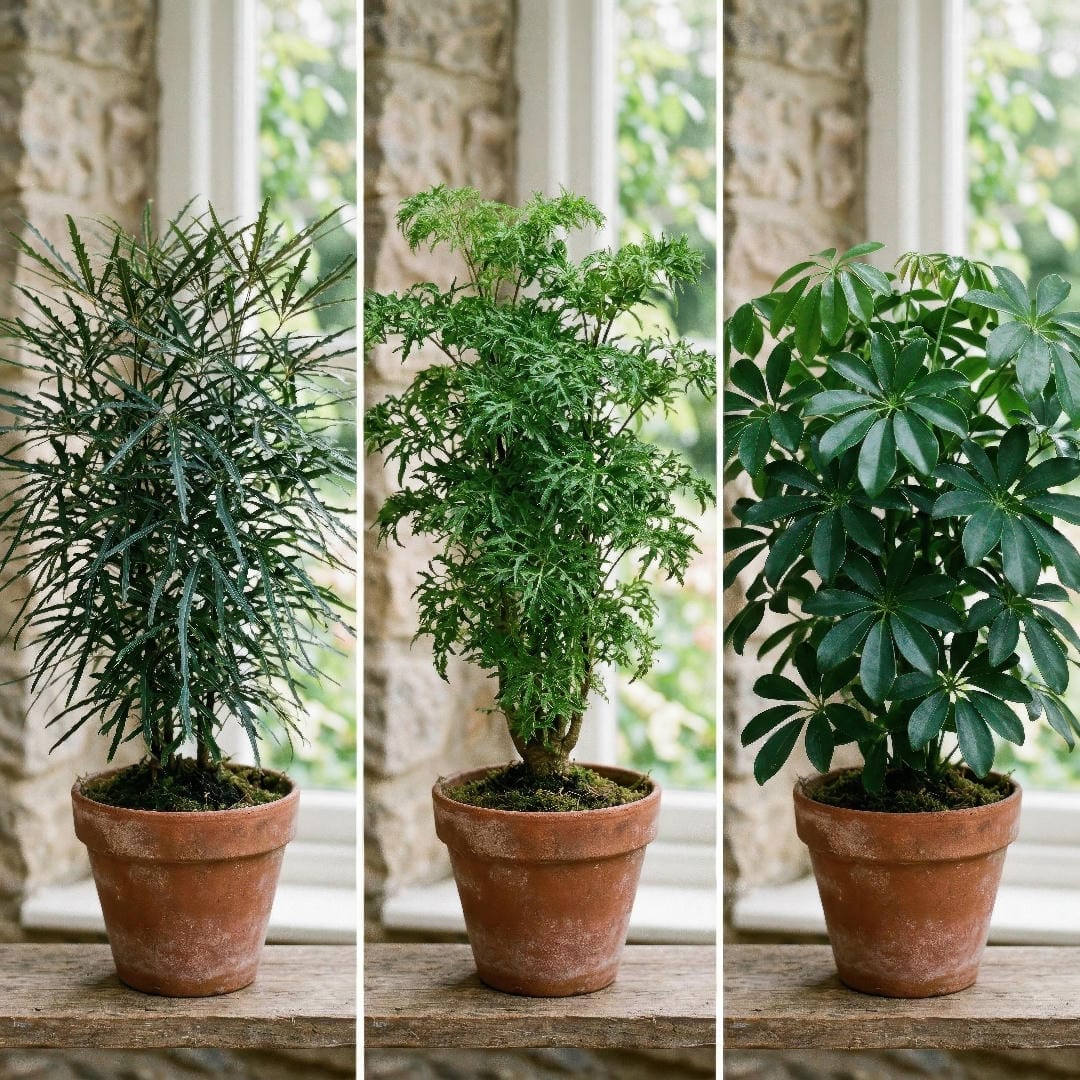 Side-by-side comparison of False Aralia with Ming Aralia and Umbrella Plant to show differences in leaf texture and canopy shape.