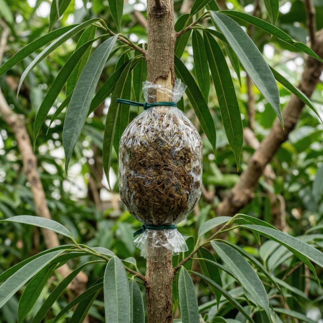 Diagram-style image showing air layering on a Ficus Alii stem with moss wrapped around a wounded section before cutting.