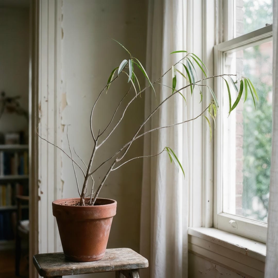 A leggy Ficus Alii with long bare stems and sparse leaves reaching toward brighter light.