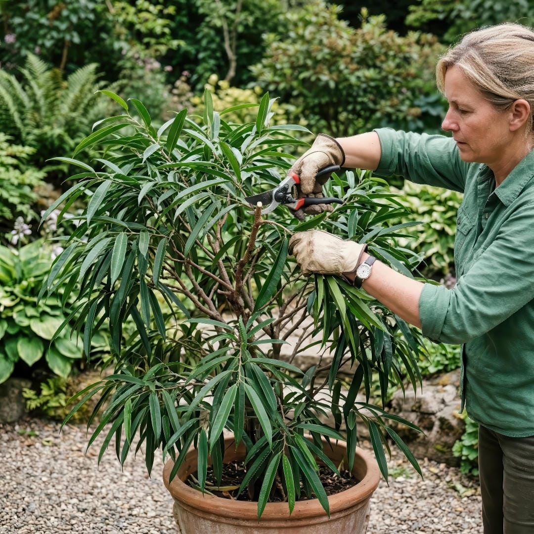 A pruned Ficus Alii showing a cleaner, fuller branching structure after the top growth was cut back.