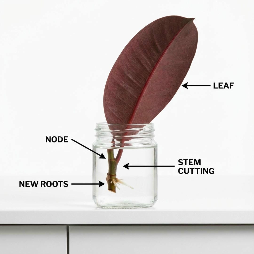 Ficus Burgundy propagation diagram showing stem cutting in water