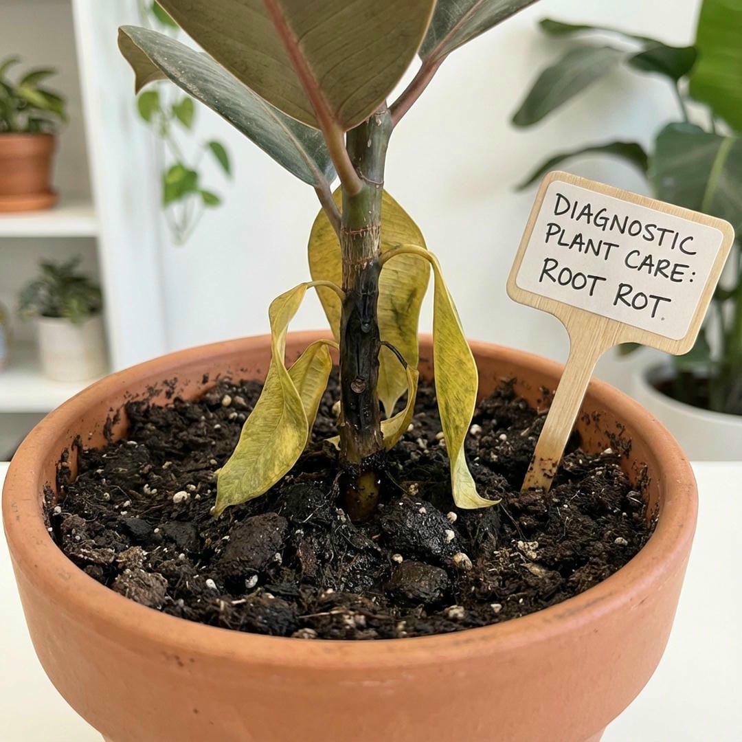 Ficus Ruby showing signs of root rot like black stems and yellow leaves