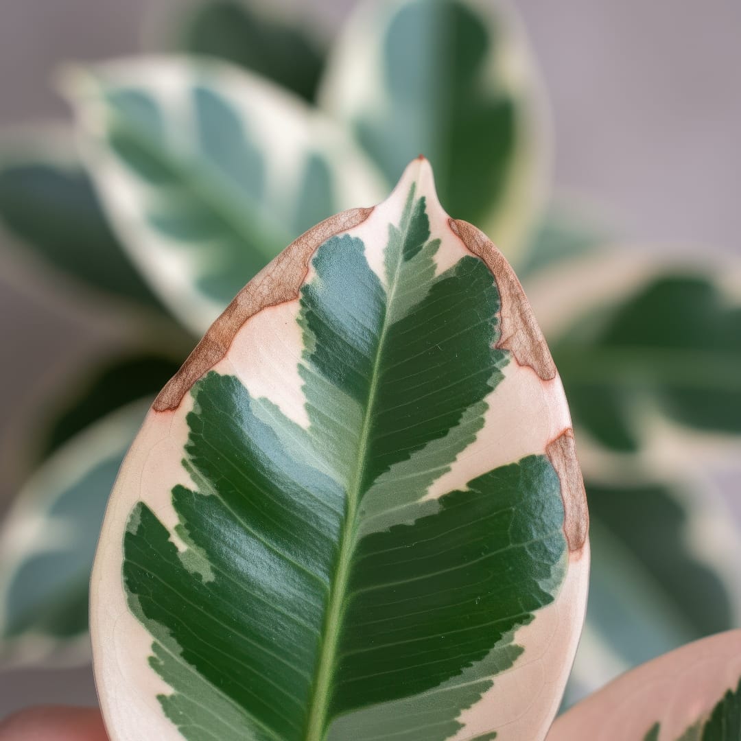 A Ficus Tineke with brown, crispy edges on the white variegated parts of its leaves.