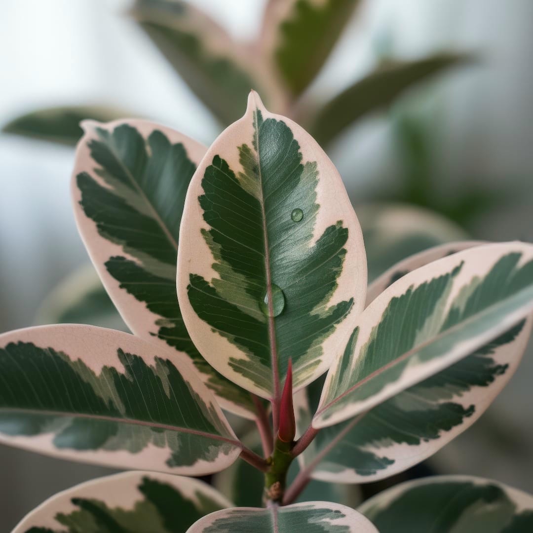 A close-up shot of several Ficus Tineke leaves, showing the painterly variegation of cream, white, and green.