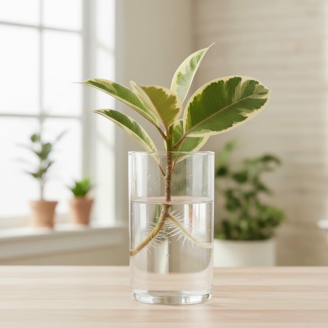 A Ficus Tineke stem cutting with a few leaves rooting in a clear glass of water.