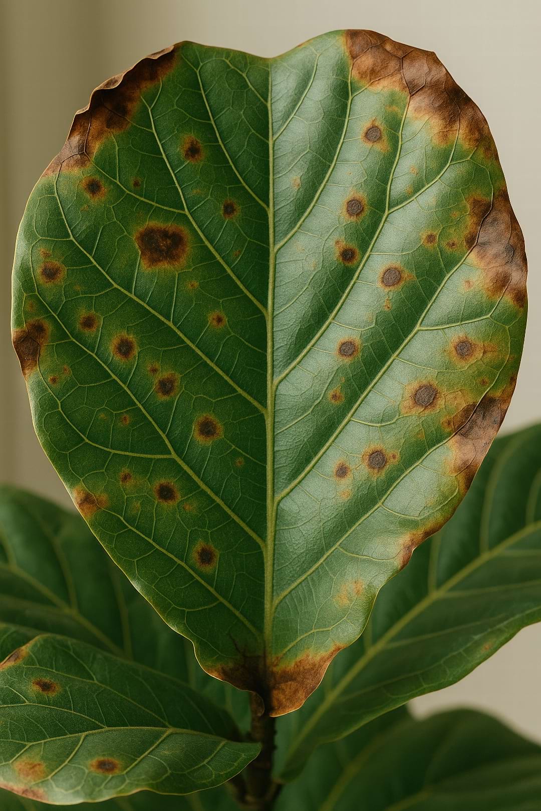 A detailed close-up of a Fiddle Leaf Fig leaf showing characteristic brown spots and crispy edges from watering stress.