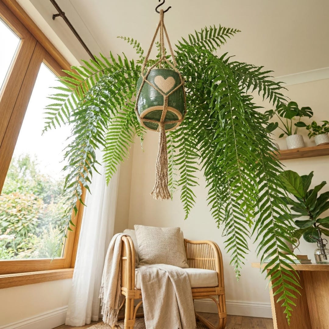 Fish Tail Fern displayed in a green hanging pot with a heart motif near a bright window, its long fronds trailing elegantly through a warm interior.