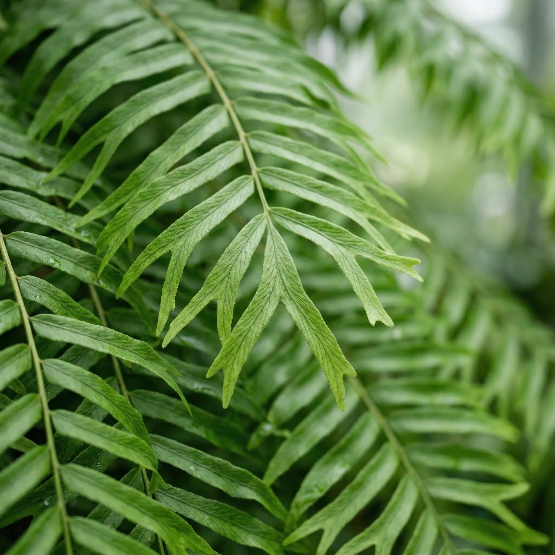 Close-up of Fish Tail Fern leaflets showing the split fishtail-like tips and soft trailing texture.