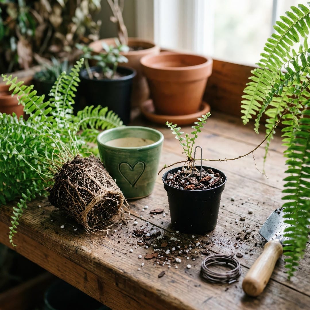 Fish Tail Fern propagation showing a rooted division, runners with small plantlets, and moist fresh potting mix ready for planting.