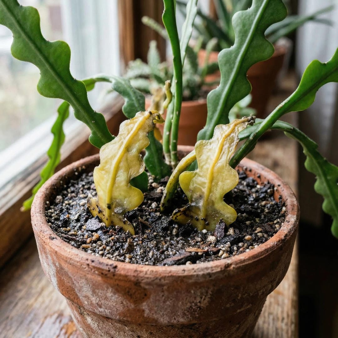 Fishbone Cactus with yellowing soft stems near the base from overwatering
