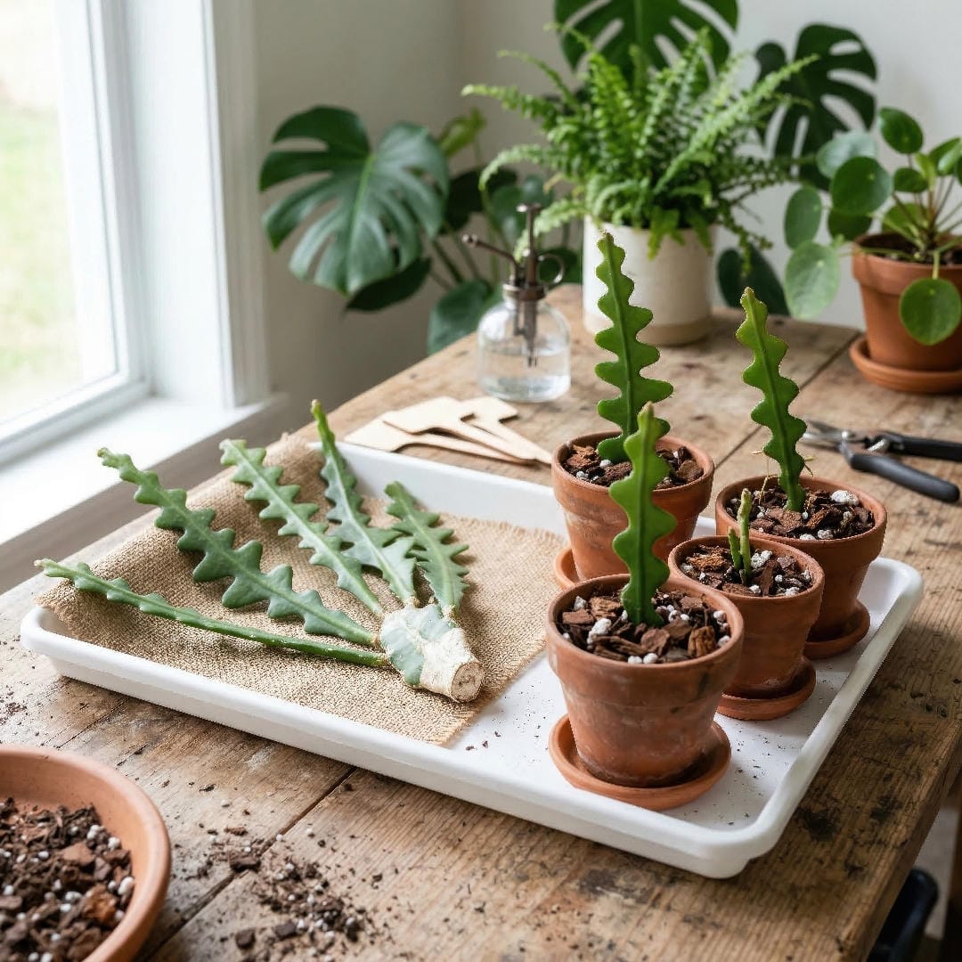 Fishbone Cactus stem cuttings rooting in airy bark-based mix