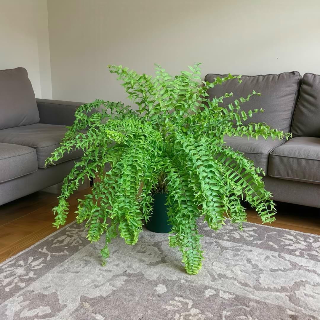 A large, mature Fishtail Fern thriving as a houseplant in a living room.