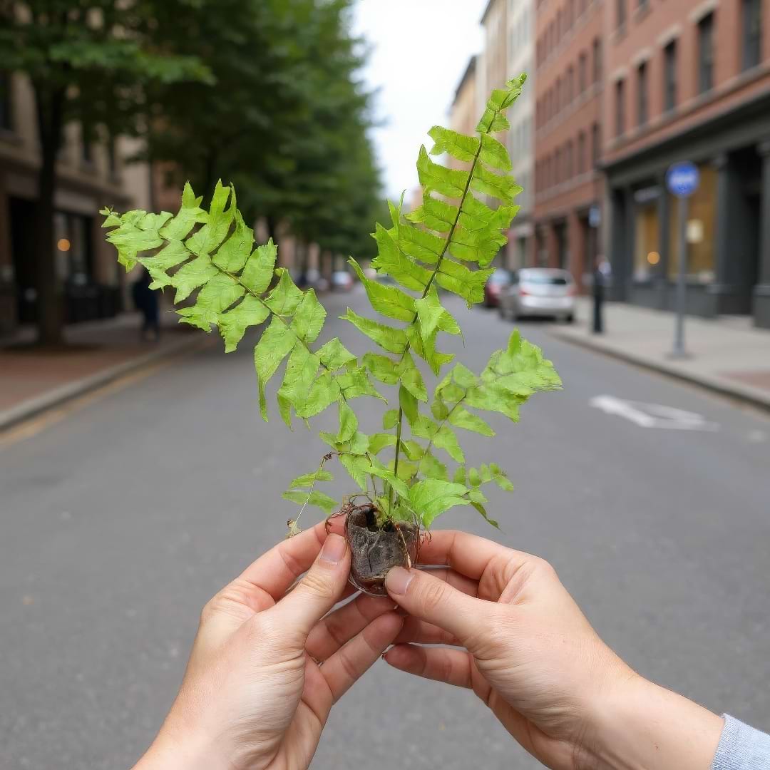 A person holding a small Fishtail Sword Fern division with healthy roots, ready for planting.