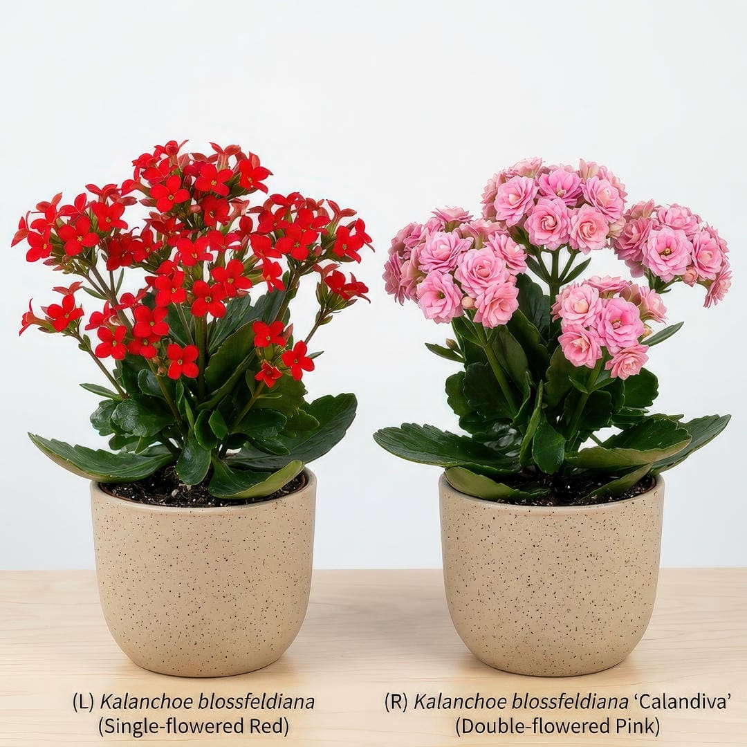 Side-by-side comparison of single-flowered Flaming Katy (Kalanchoe blossfeldiana) with four-petaled red blooms on the left and double-flowered Calandiva variety with rose-like pink blooms on the right, both plants showing thick glossy dark green scalloped foliage