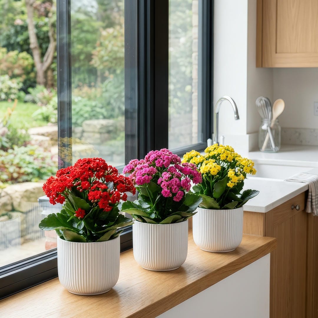 Three Flaming Katy plants in different colors side by side in matching white ceramic pots on a modern bright kitchen windowsill with natural sunlight illuminating the vivid flower clusters above glossy green scalloped foliage
