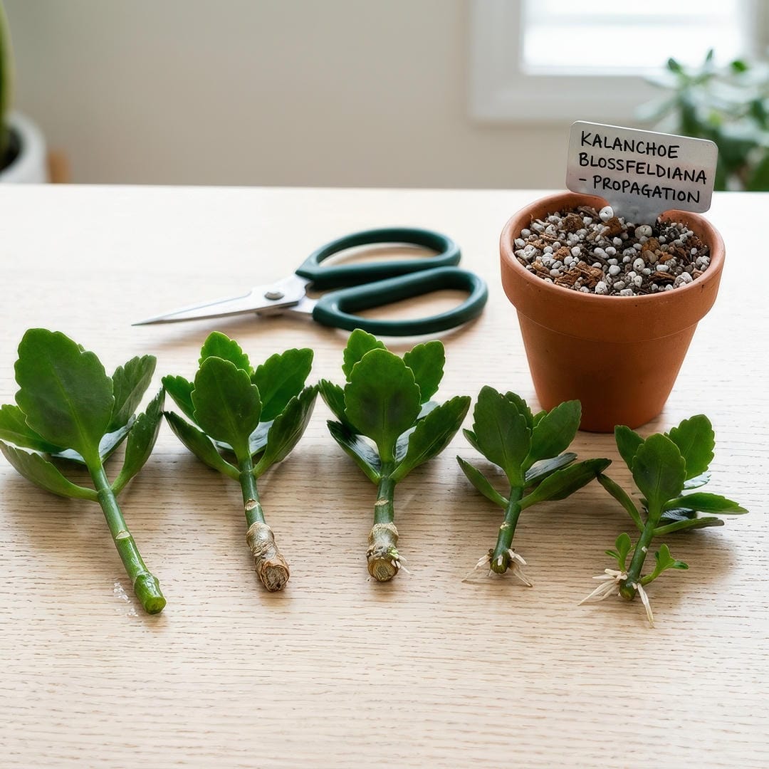 Flaming Katy stem cuttings with thick glossy leaves laid on a clean surface beside a small pot of gritty succulent soil showing calloused cut ends and some cuttings with new root growth emerging