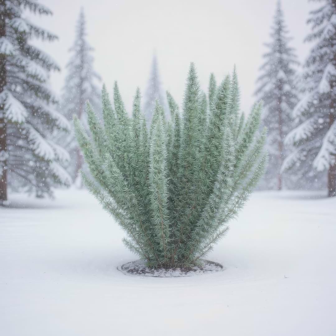 Foxtail Fern shown in a snowy landscape, illustrating its appearance in cold conditions