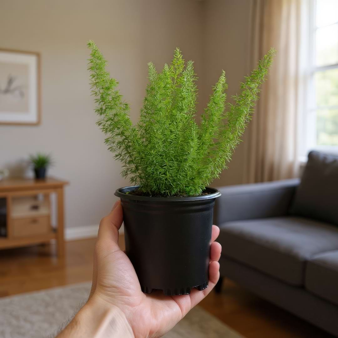 Hand holding a young Foxtail Fern in a nursery pot, ready for planting