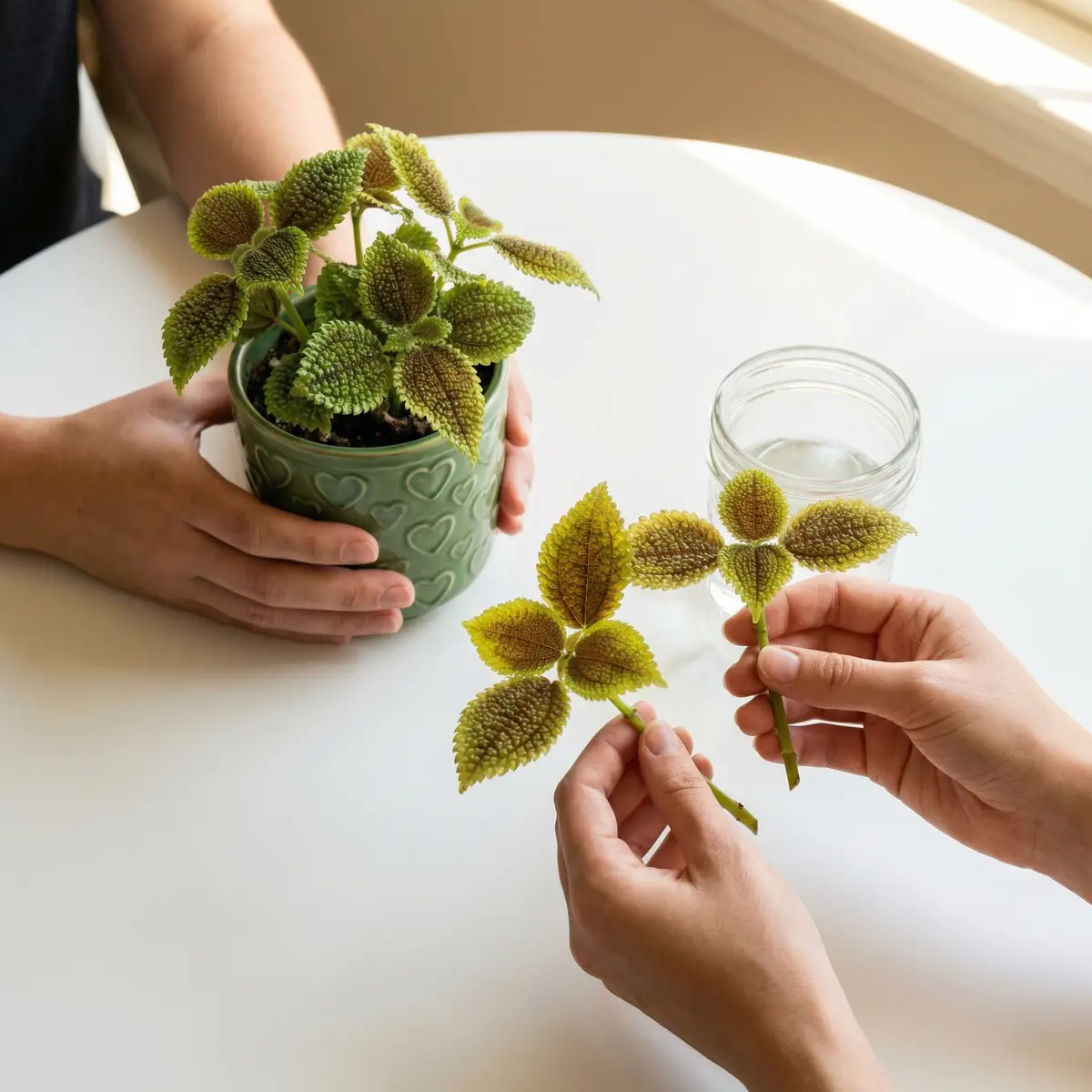 Friendship Plant stem cuttings rooting in water, ready to share with friends