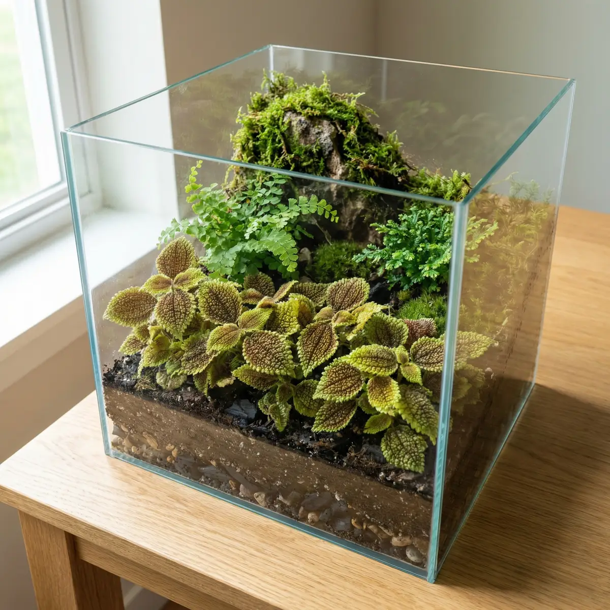 Friendship Plant growing as ground cover in a glass terrarium setup