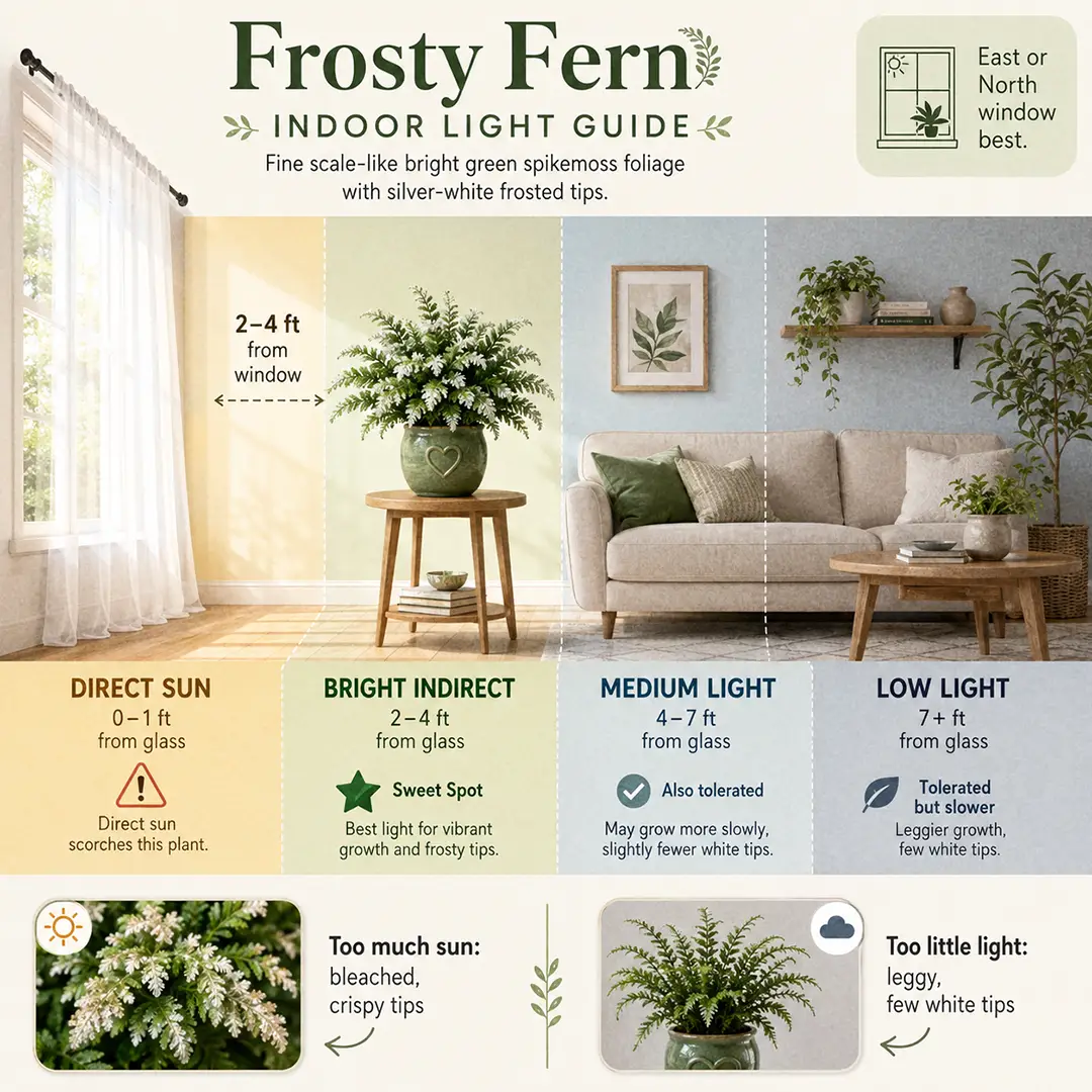 A pinnable light-placement diagram for Frosty Fern showing a bright room with a window on the left, floor zones labeled Direct Sun, Bright Indirect, Medium and Low, with the frosted fern in a green ceramic pot with a heart motif marked as the sweet spot a few feet back behind a sheer curtain