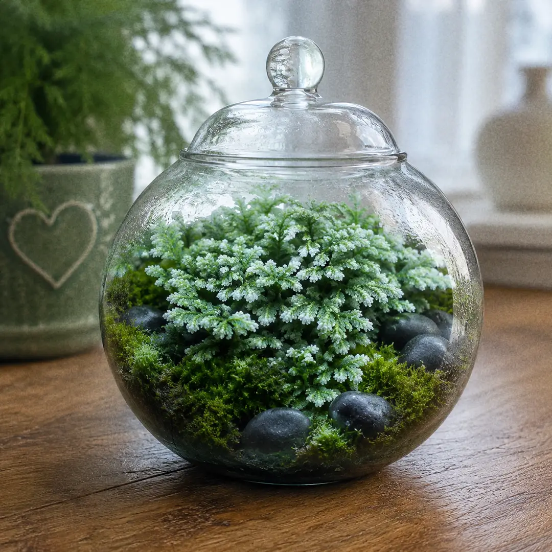 A Frosty Fern growing as a low frosted carpet inside a closed glass terrarium alongside dark stones and moss, its silver-white tips glowing against the deep green, on a wooden table