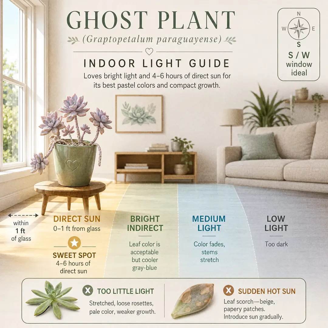 A labeled square light-zone diagram showing a Ghost Plant placed in the sweet spot one foot from a south-facing window, with direct sun, bright indirect, medium, and low light zones color-washed across a cross-section living room, a small compass marking south, a distance label reading one foot from glass, and two small side icons showing a stretched green plant from low light and a scorched leaf from sudden midsummer sun