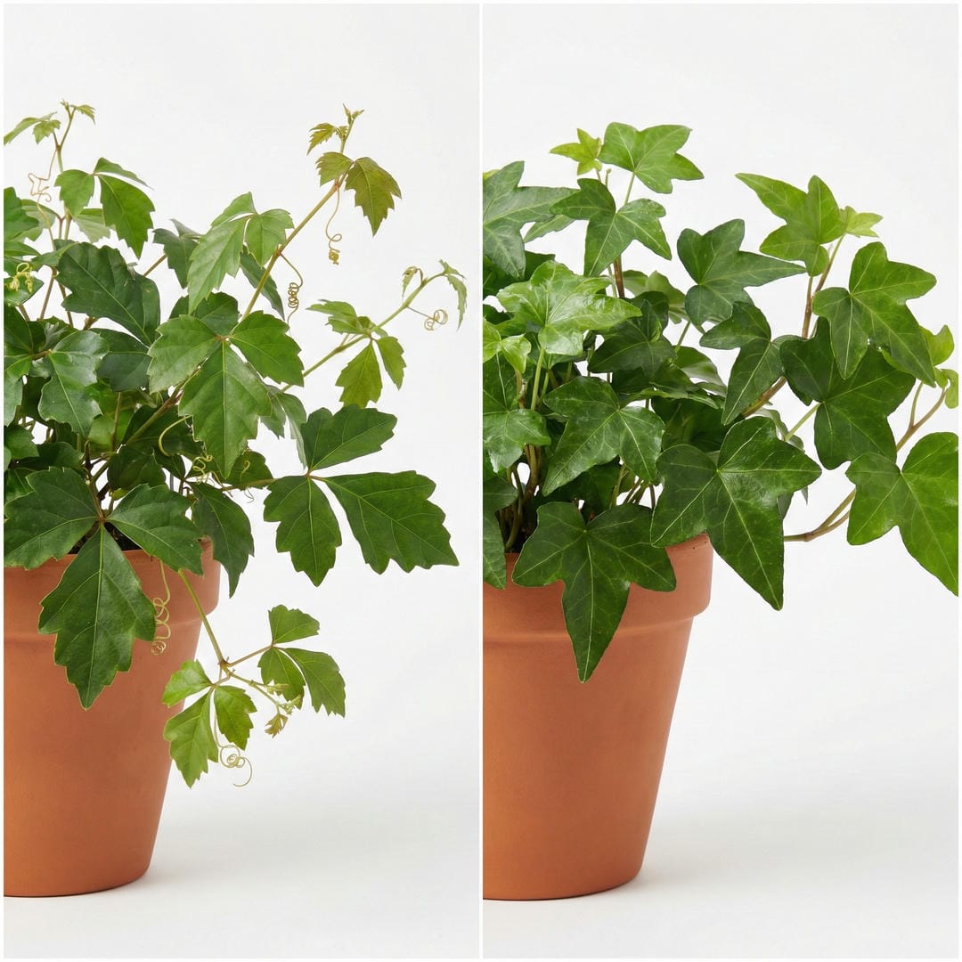 Side by side comparison of Grape Ivy (Cissus rhombifolia) and English Ivy (Hedera helix) showing the difference in leaf shapes