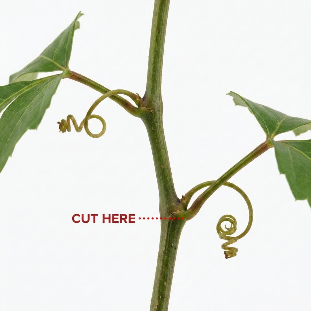 Close-up diagram of a Grape Ivy stem showing the node, tendril, and leaf structure with arrows indicating where to cut for propagation