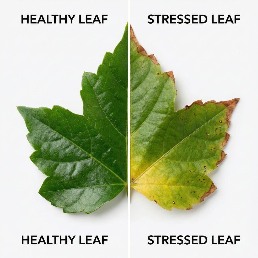 Split image showing a healthy Grape Ivy leaf on left versus a yellowing leaf with brown edges on right for comparison