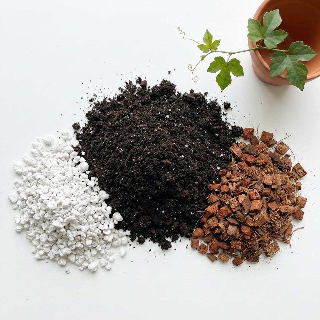 Well-draining potting mix components for Grape Ivy showing perlite, potting soil, and bark chunks