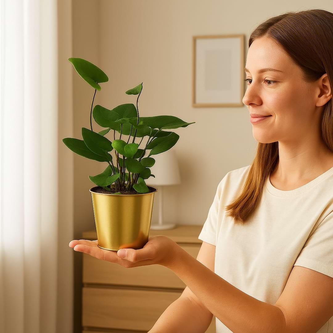 Person admiring a Heart Fern in a gold pot
