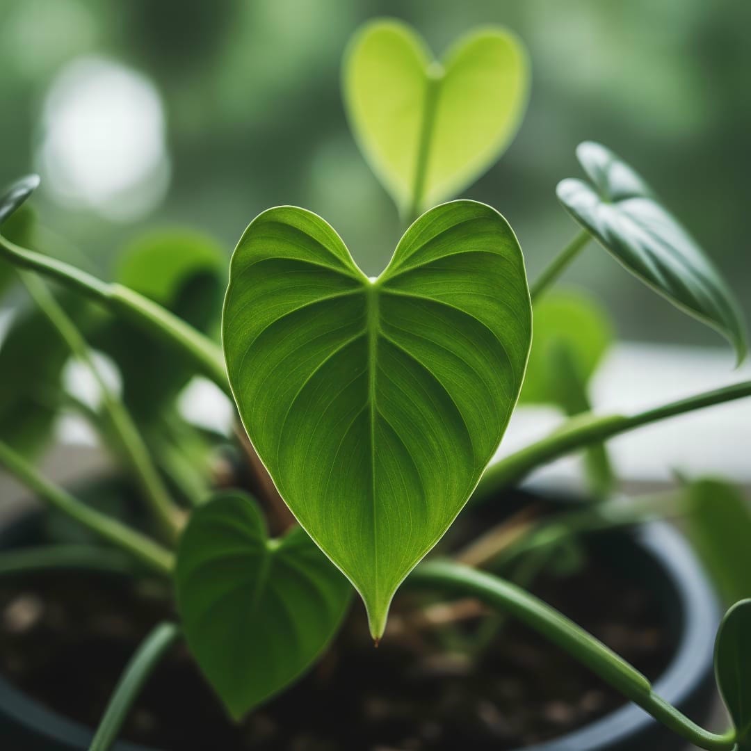 A close-up shot of a single, glossy, heart-shaped leaf of the Philodendron hederaceum