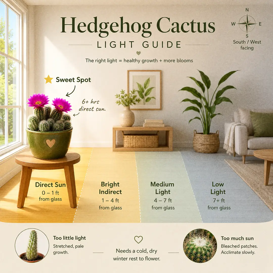 A labeled light-zone diagram showing a Hedgehog Cactus placed in the sweet spot directly at a south-facing window, with direct-sun, bright-indirect, medium, and low-light zones color-washed, plus small notes about needing six hours of direct sun and a cold winter rest to flower