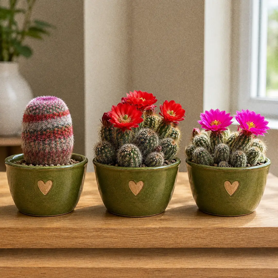 A side-by-side comparison of three Hedgehog Cactus species in matching green ceramic pots with heart motifs: a Rainbow Hedgehog with pink-and-white banded spines, a scarlet-flowered Claret Cup, and a magenta-flowered strawberry hedgehog, on a wooden shelf