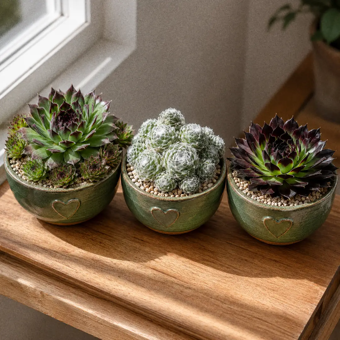 Three Hens and Chicks varieties side by side in matching green ceramic pots with heart motifs on a wooden shelf: a classic green Sempervivum tectorum with maroon-purple leaf tips, a small Cobweb Houseleek rosette wrapped in fine white webbing, and a dark burgundy-black Sempervivum Black cultivar