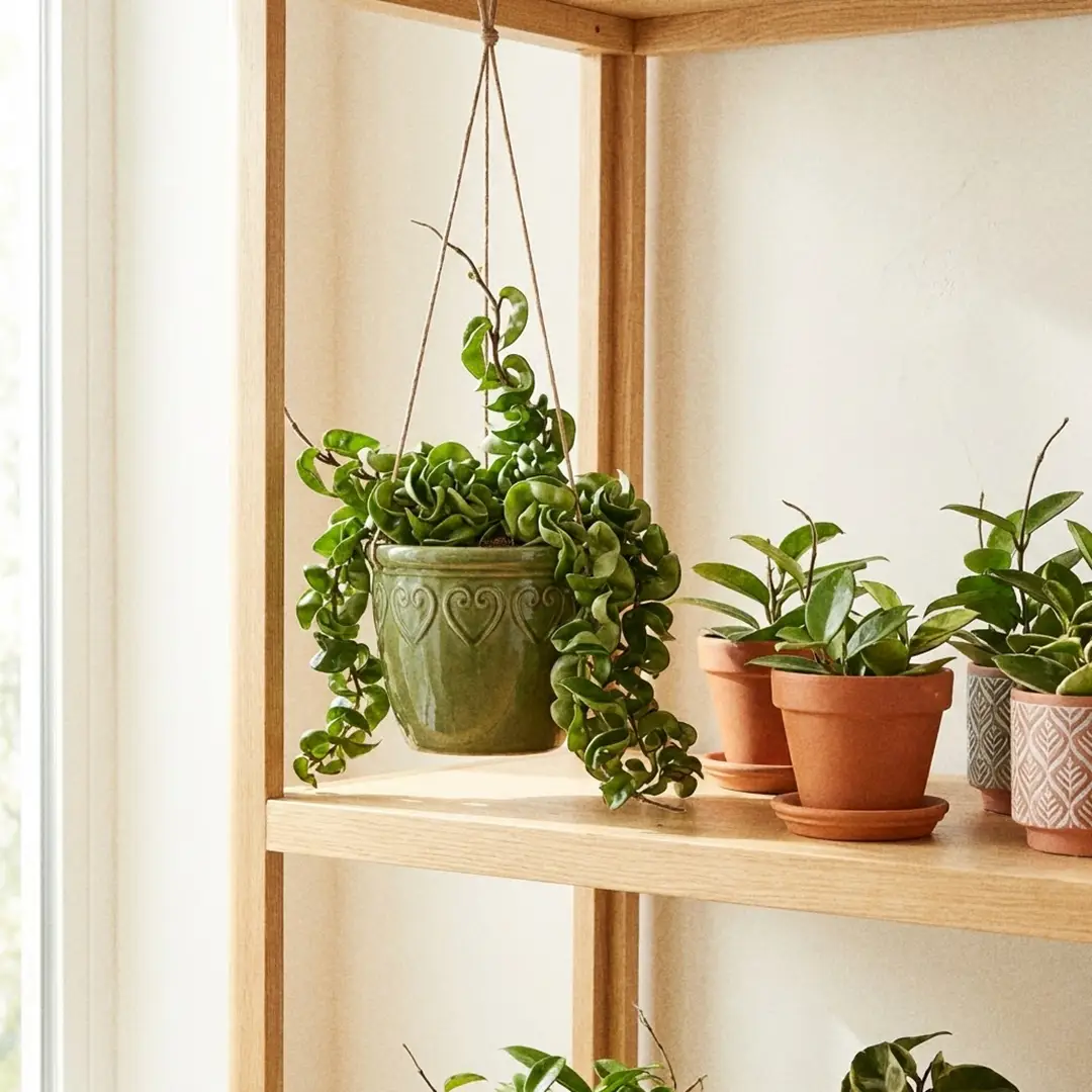 A mature Hindu Rope displayed at eye level in a hanging green pot with a heart motif beside a Hoya Linearis and Hoya Obovata on a bright wooden plant shelf, showing the twisted ropes clearly against a light wall