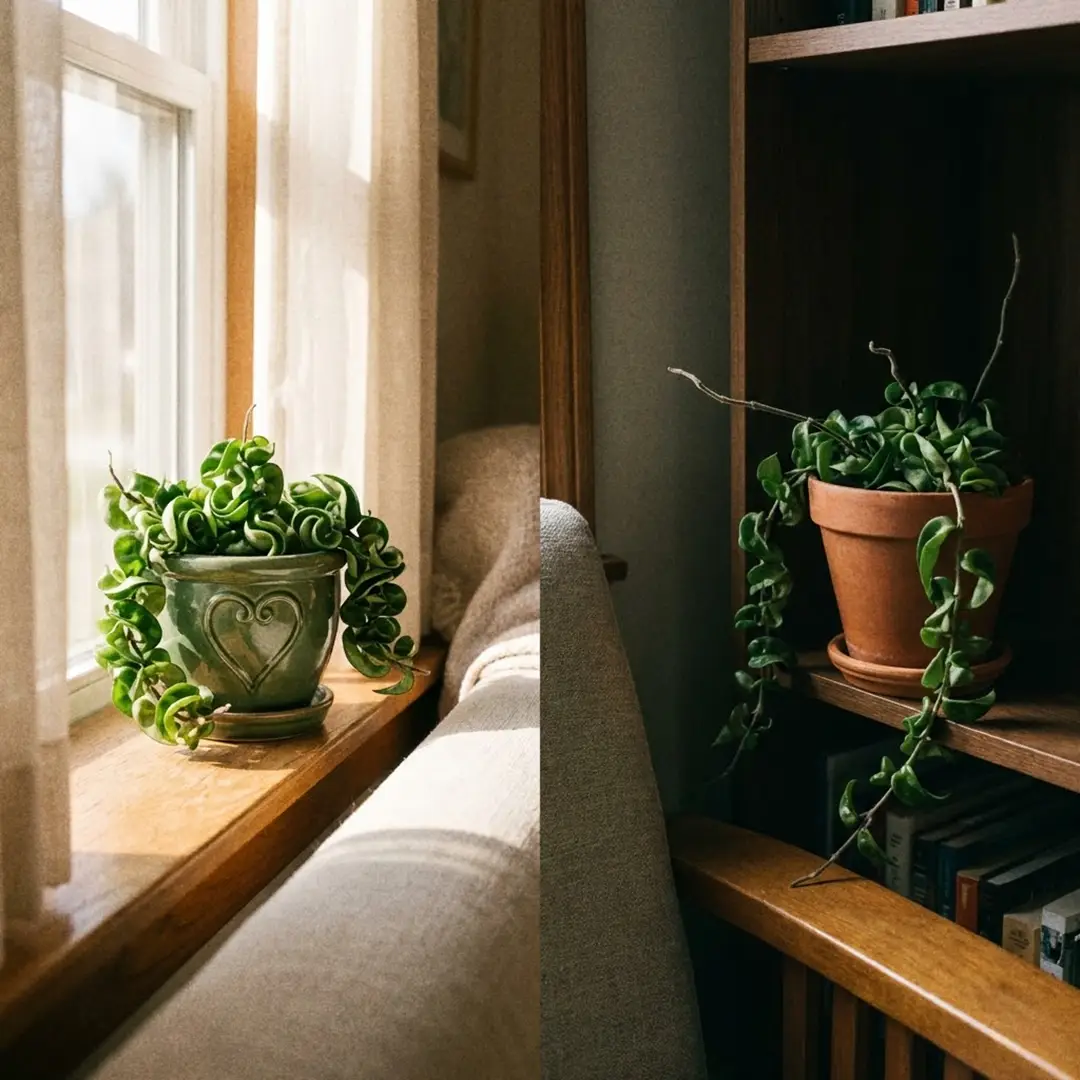Ideal light conditions for Hindu Rope indoors, showing the plant in bright indirect light near an east-facing window with a little gentle morning sun and a dim corner comparison where the ropes are thinner and looser