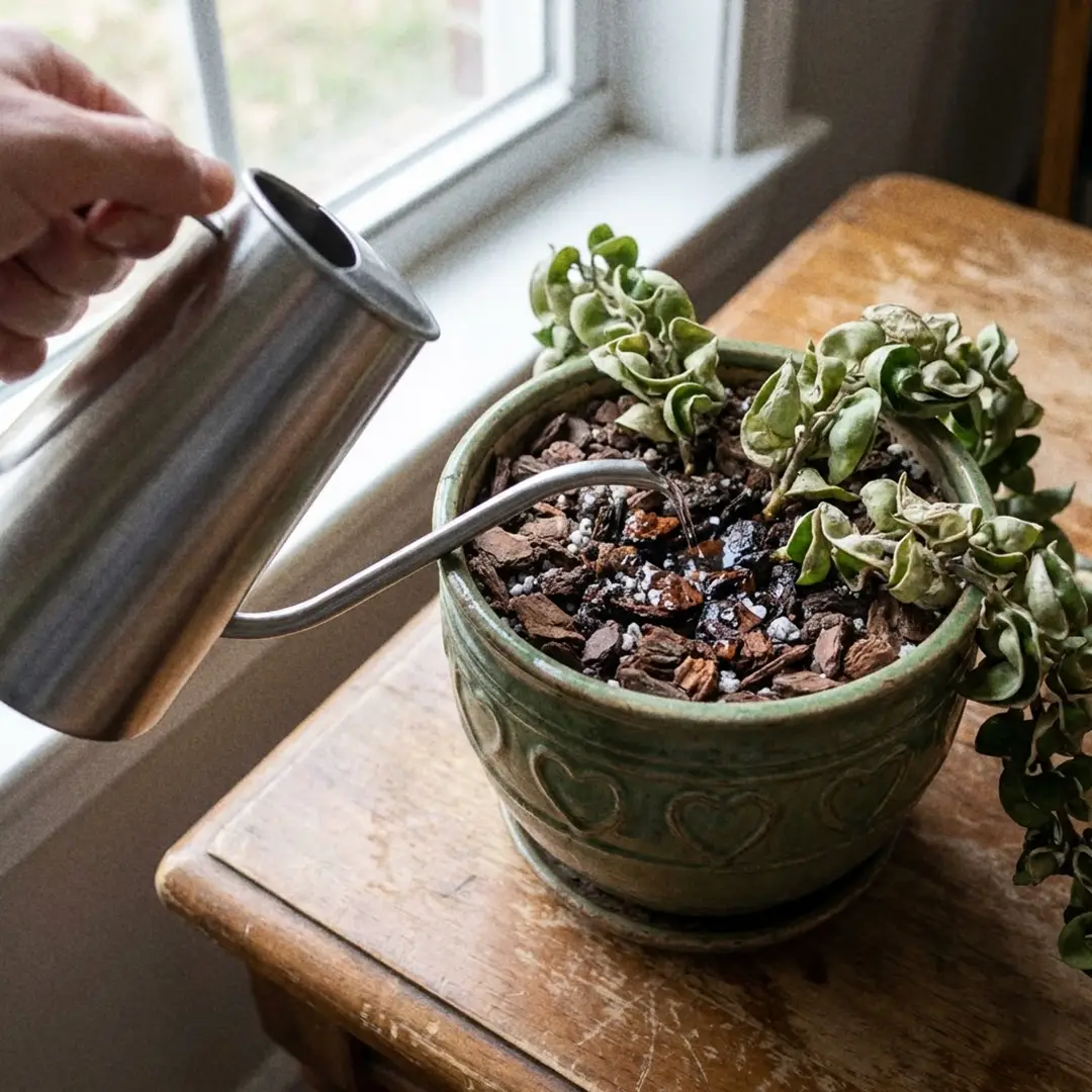 A Hindu Rope in a green ceramic pot with a heart motif being watered carefully at soil level from a narrow-spouted watering can, with the chunky bark-based mix visible and the curled vines kept mostly dry