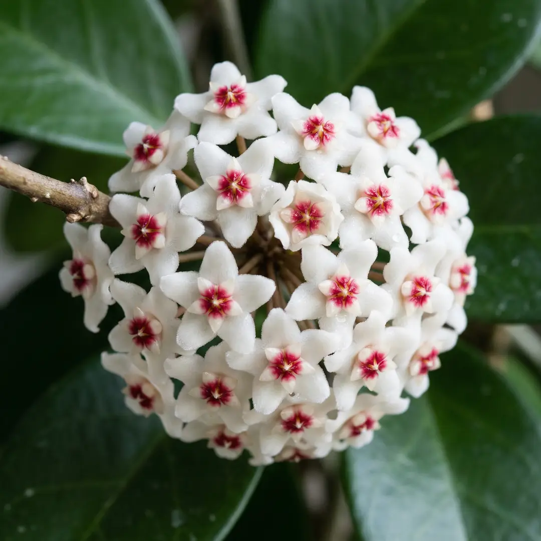 Close-up of Hoya Australis flowers: a dense rounded umbel of small, waxy, star-shaped white blooms with vivid red-pink centers, on a visible peduncle spur against glossy dark green leaves