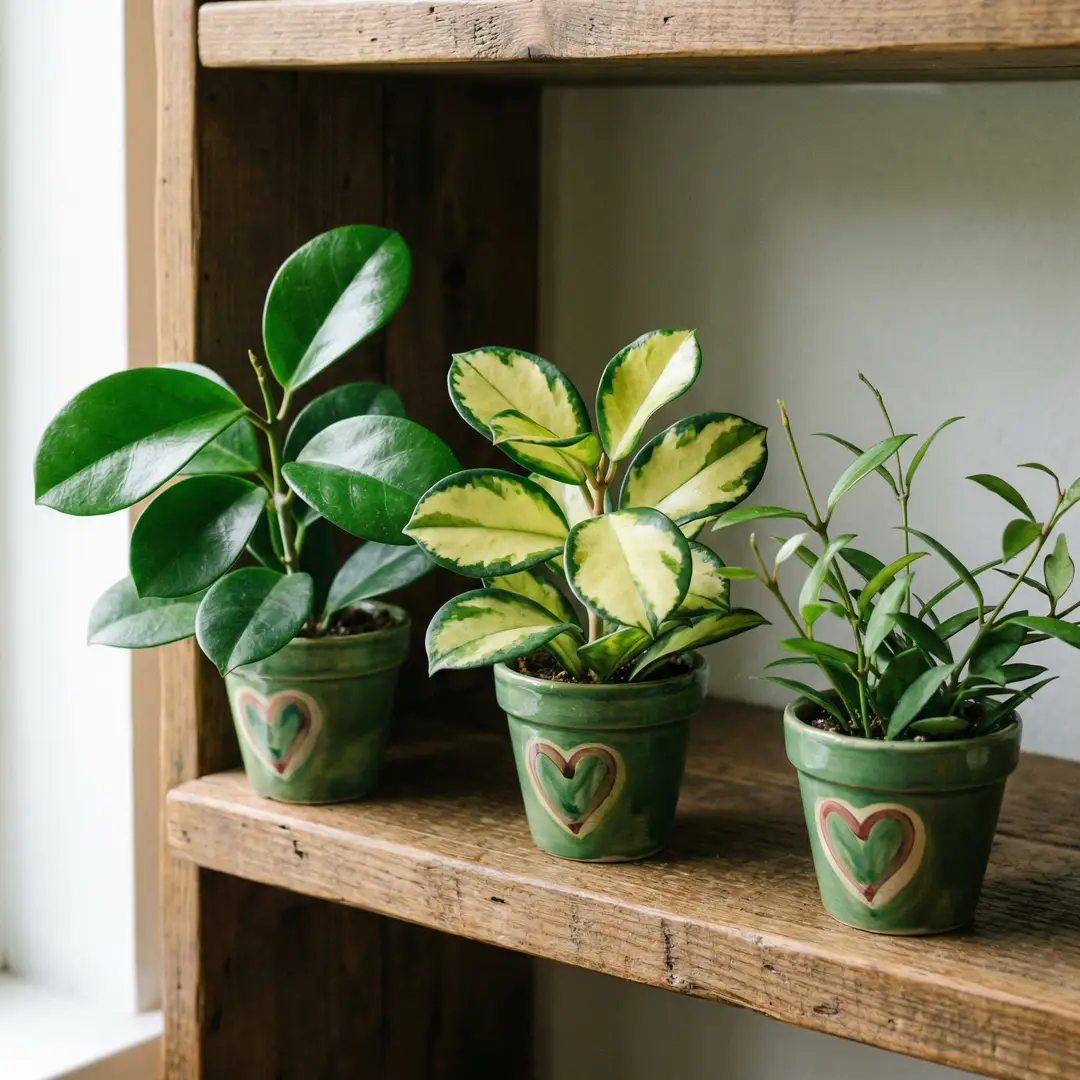 Three Hoya Australis forms side by side on a wooden shelf: the standard ssp. australis with plain glossy green leaves, the 'Lisa' cultivar with green and cream variegated leaves, and the smaller-leaved ssp. sanae form, each in a green ceramic pot with a heart motif