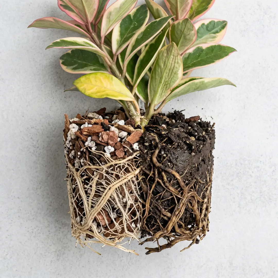 Comparison of healthy white Hoya Crimson Princess roots versus brown mushy rotted roots removed from the pot