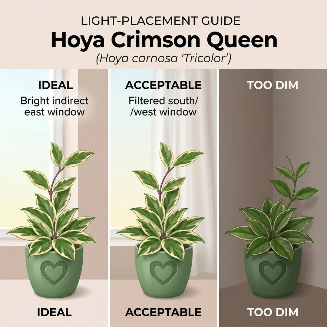 Ideal light conditions for Hoya Crimson Queen showing bright indirect east-facing window placement