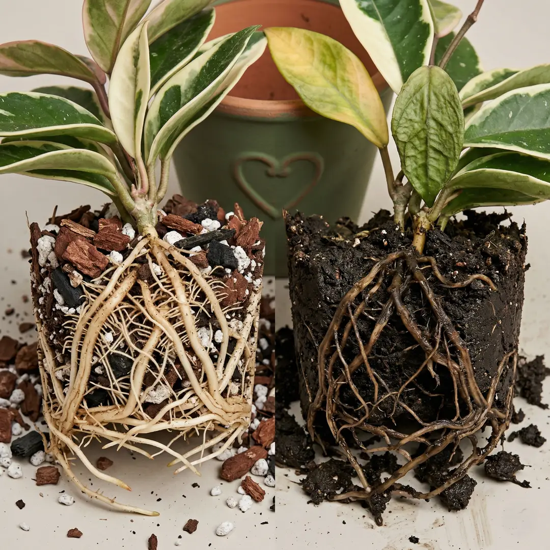 Side-by-side comparison of healthy white Hoya Crimson Queen roots versus brown mushy rotted roots